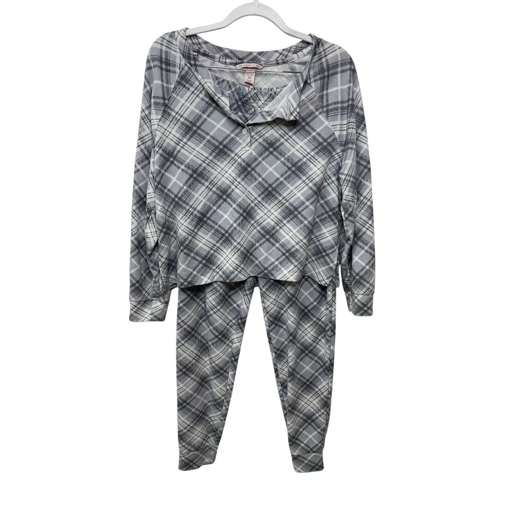 Victoria's Secret Jogger‎ PJ Pajama Set Long Sleeve Top Pants Grey White Plaid S